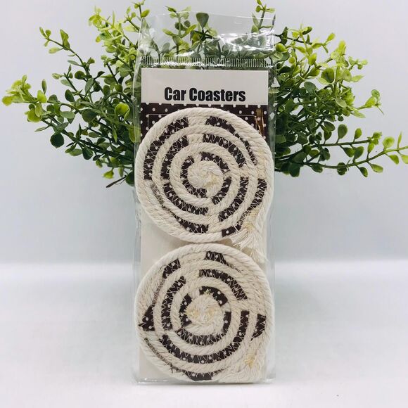 Rope Car Coasters Boho Brown Dots Cream One Set of 2  For Car Cup Holders - Picture 1 of 4
